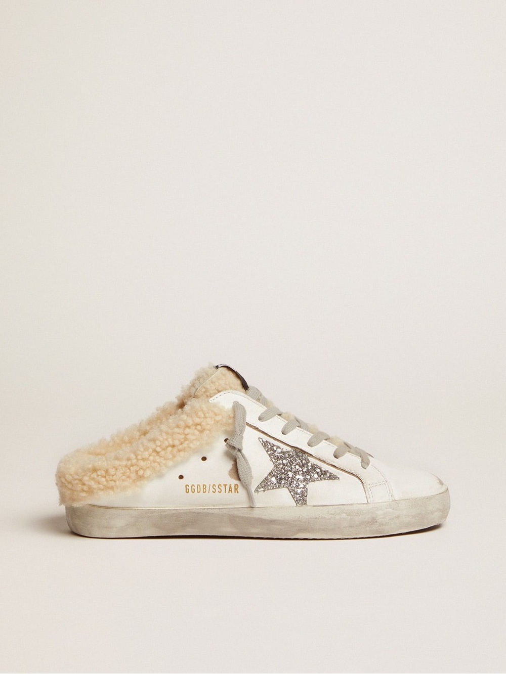 Golden Goose white mule sneaker with cream shearling and silver star